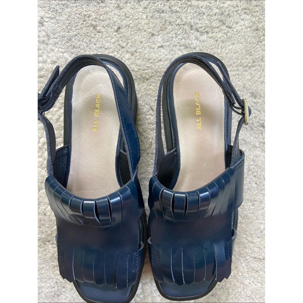 All Black Kiltie Navy Fringe Platform Chunky Sandals - Picture 5 of 9